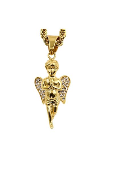 Tessero - Rope Model Necklace with Angel Pendant, Stainless Steel, 24K Gold Plated, Zirconia Stones,