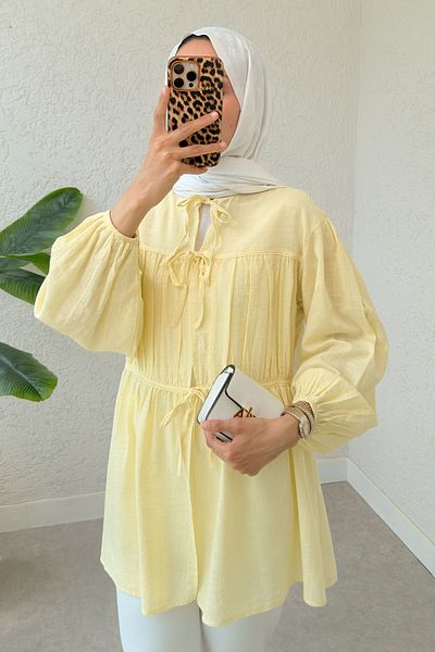 Salih Çelebi Front Gathered Long Tunic 2338 - Yellow