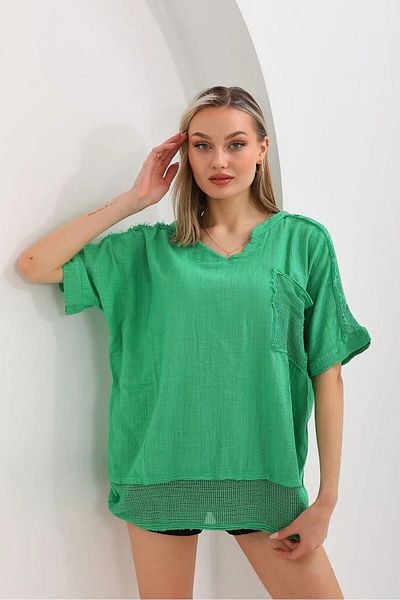 GÜLDEN KATRAN Women's Shoulder Back Pocket and Hem Mesh Detailed Linen Blouse