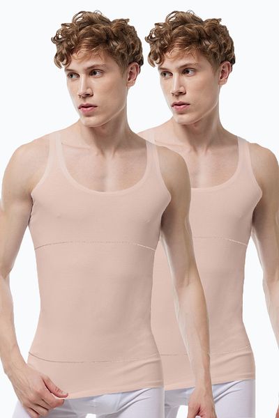 Malabadi Men's Skin Color 2 Pack Belly Tightening Firming Non-Marking Modal Corset Undershirt 2m042