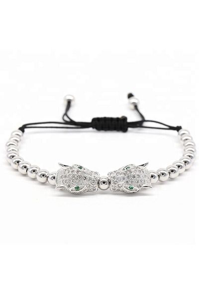 Tessero Brățară de lux cu mărgele, design Jaguar, șnur macrame reglabil, pietre zirconiu, placată cu aur de 24K, Si