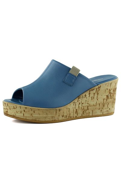 Erkan Saçmacı Fitoria Blue Genuine Calfskin Open Front Cork Sole Look Wedge Heeled Slippers