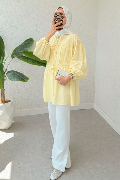 Salih Çelebi Front Gathered Long Tunic 2338 - Yellow