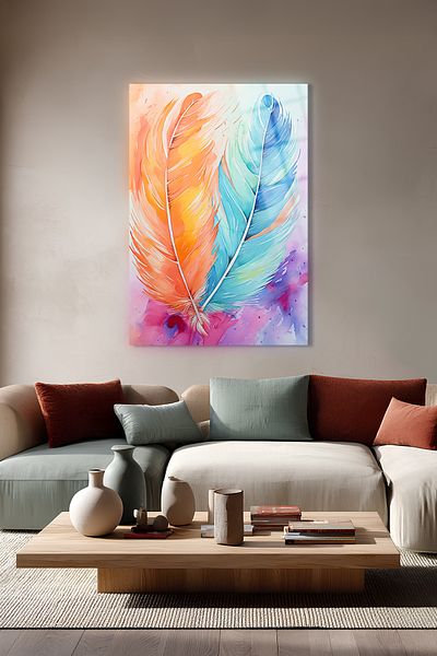 glassartdesign Tablou din sticlă cu pene albastre portocalii-Tablou modern-Decor pentru casă