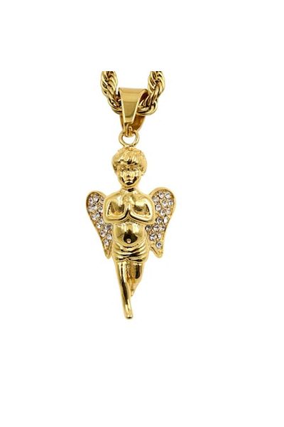 Tessero - Rope Model Necklace with Angel Pendant, Stainless Steel, 24K Gold Plated, Zirconia Stones,