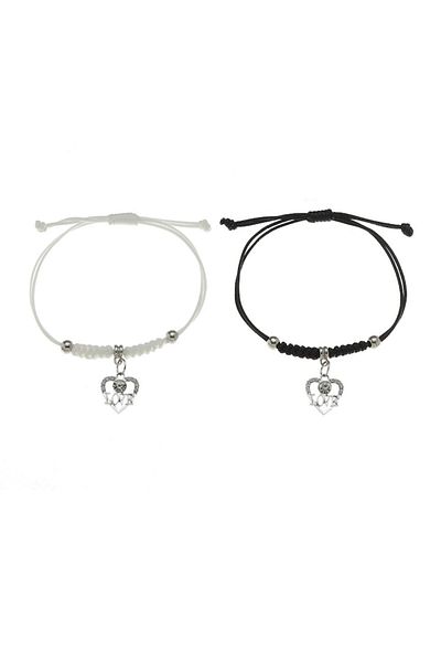 Tessero Set of two 'Love' cord bracelets for couples, friends, adjustable size, handmade, zircon stones, whi