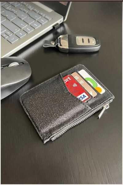 mlio حامل بطاقات بسحاب أسود لامع - محفظة