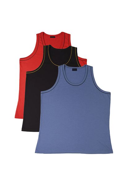 FATELLA Men's Zero Sleeve Thick Strap Cycling 3-Piece Blue Red Black Comfortable Summer Set Combed Cotton T-Shirt Undershirt