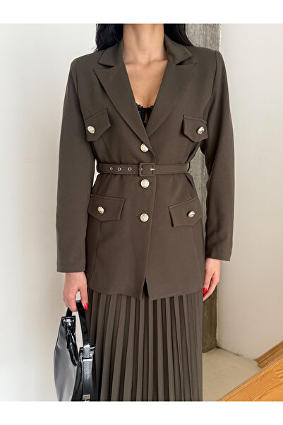 Female Clothing Haki Kemerli Düğmeli Süs Cepli Blazer Ceket Piliseli Etek Takım