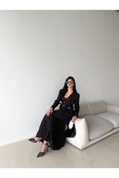 Female Clothing Siyah Kemerli Düğmeli Süs Cepli Blazer Ceket Piliseli Etek Takım