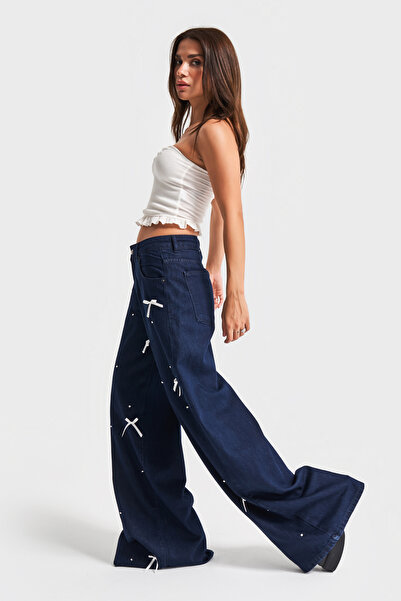 its basic Жіночі джинси кольору індиго 7s5-50 Palazzo Fit з каменем і бантиком, 100% бавовна, дизайн Denim Jean