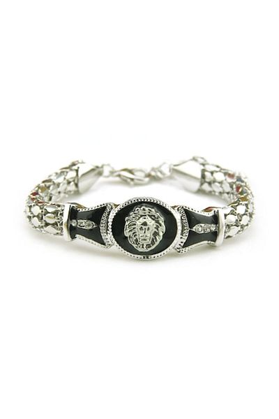 Tessero Hip Hop Bracelet with Lion Head, Lobster Clasp, 18K Gold Plated, Silver