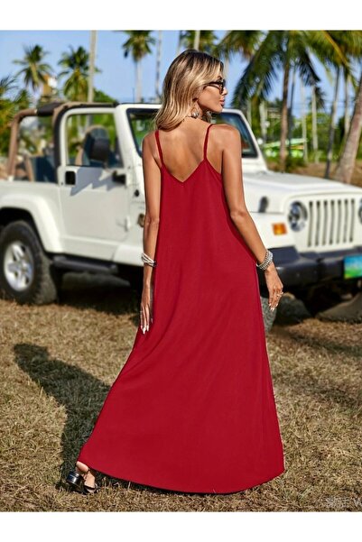 Viyamo New Season Women's Strappy V-Neck Ethnic Pattern Stripe Detail Design Maxi Length Dress