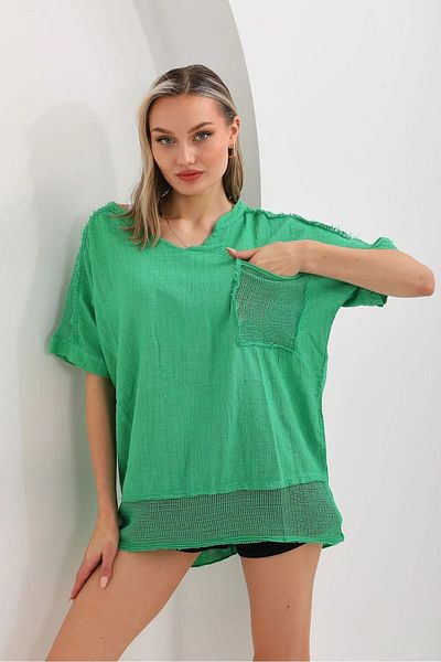 GÜLDEN KATRAN Women's Shoulder Back Pocket and Hem Mesh Detailed Linen Blouse