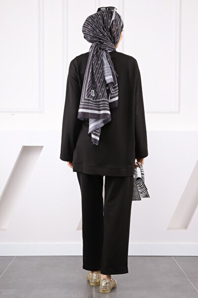 İmajButik Black Asymmetrical Detailed Tunic Pants Suit