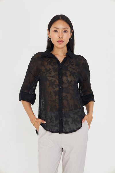 TIFFANY&TOMATO Yarım Kol Keten Görünümlü Tül Gömlek