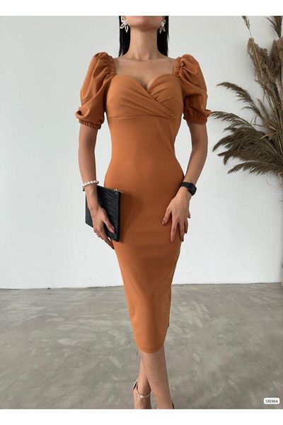 Modafeminen Φόρεμα με μπαλόνι μανίκι με λαιμόκοψη καρδιά Camel 582866