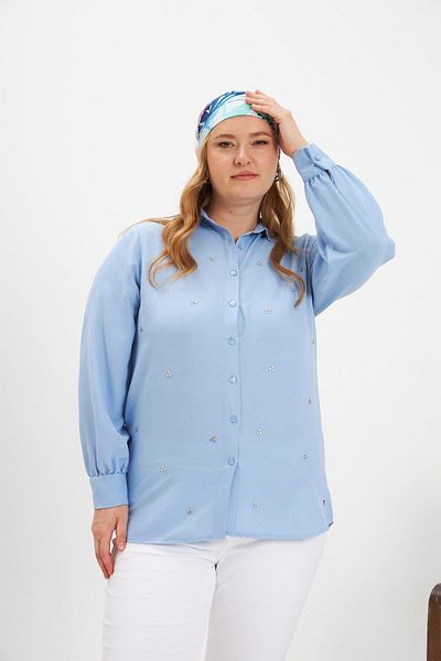 RMG Plus Size Stone Detail Shirt Baby Blue