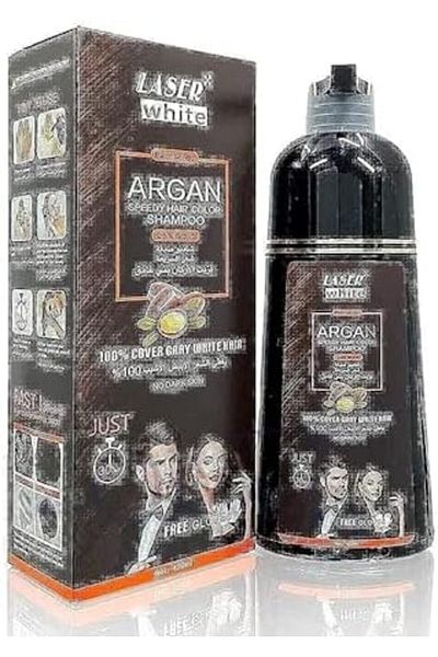 LASER WHITE Hair Dye Shampoo with Argan Oil for Gray Coverage in Dark Brown
