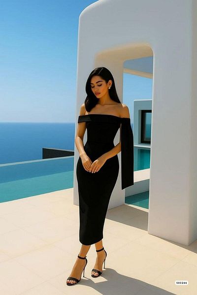 Modafeminen Βραδινό φόρεμα με λεπτομέρεια ώμου Midi μήκους Μαύρο 583244