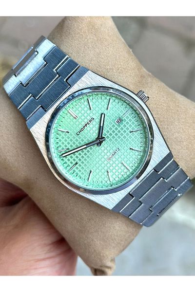 pierrose Silver Steel Cord Green Dial Men's Wrist Watch with Calendar