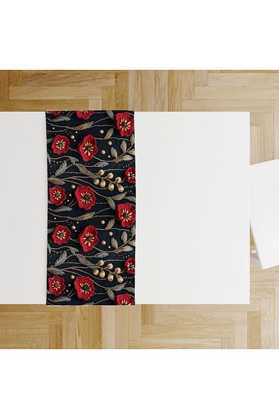 Şah Dekor Punch Embroidery Patterned Digital Printed Autumn Themed Gift Runner Tablecloth 45X100Cm
