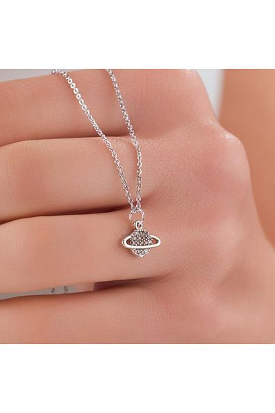 HOBİSY GIFT SHOP Planet Figured Zircon Stone Necklace – Silver Color, Sparkling and Modern Design