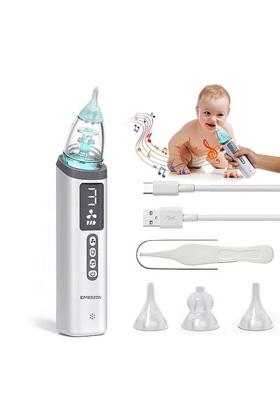 EMESZON Electric Nasal Aspirator, EMESZON®, Babies, Children, Silent, 3 Speeds, RGB LED, Rechargeable, White