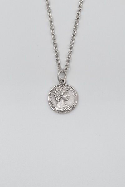 Bu Farklı İngiliz Kraliçe II. Elizabeth Düz Ezme Zincir Kolye - Antik Gümüş K...