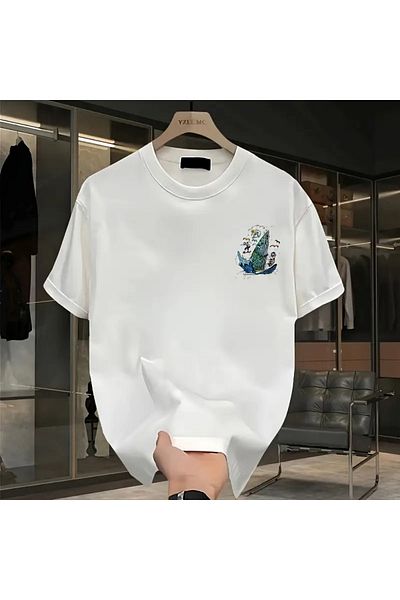 LAND MODA Heavyweight Cotton T-Shirt for Men - Hawaiian Pattern Print, Comfortable Summer Short Sleeve,