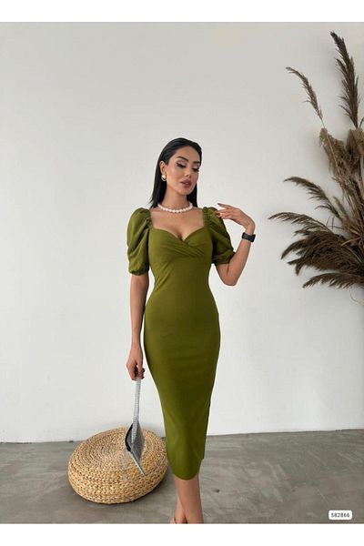 Modafeminen Φόρεμα με μπαλόνι μανίκι με λαιμόκοψη στην πλάτη με σχισμή στην πλάτη Pistachio Green 582866