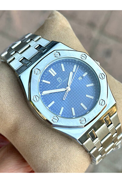 pierrose Gümüş Çelik Kordon Mavi Kadran Takvimli Erkek Kol Saati