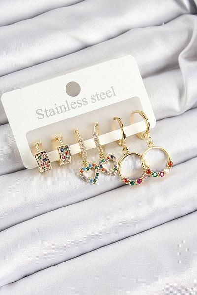 SeyCey.co Brass Zircon Stone Heart and Ring Model Gold Color Set of 6 Women's Earrings