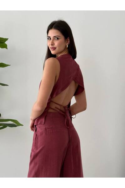 CYU Dusty Rose Lace-Up Backless Linen Bottom Top Women's Set