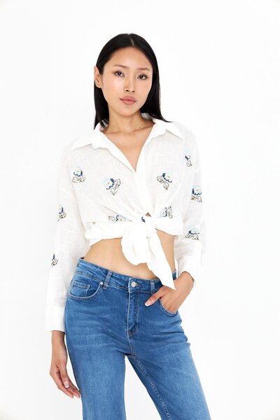 TIFFANY&TOMATO Çıtır Kanaviçe Nakışlı Keten Görünümlü Gömlek