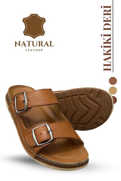 Moda Anna Sermoda Genuine Leather Men's Slippers Natural Leather Slippers t Tan