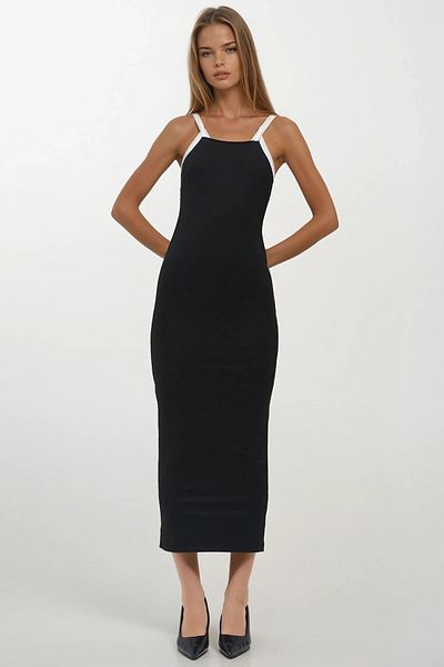 VAGGON Black Thin Thread Strap Sleeveless Midi Length Dress