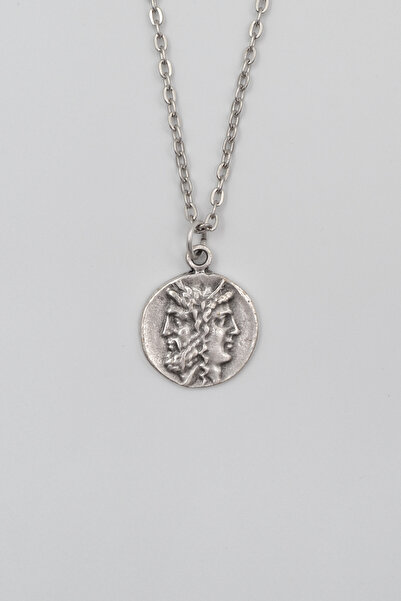 Bu Farklı İki Yüzlü Janus Düz Ezme Zincir Kolye - Antik Gümüş Kaplama - Kadın...