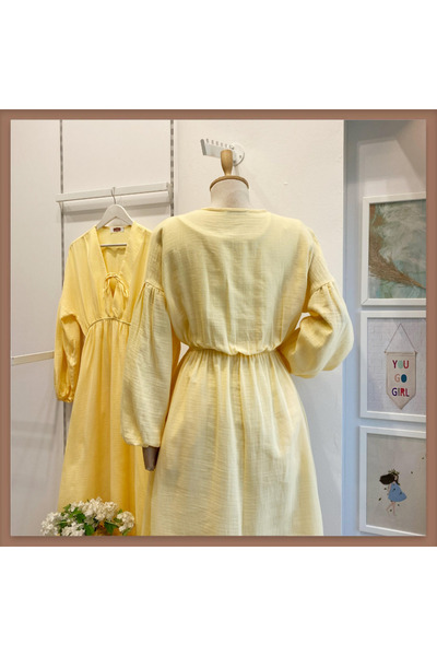 Faya Boutique Sarı Müslin Kumaş Matin Elbise