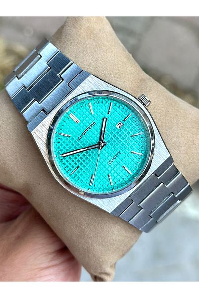 pierrose Silver Steel Band Turquoise Dial Men's Wrist Watch with Calendar