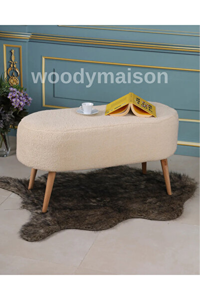 WoodyMaison LUNA PELUŞ KREM LARGE 90 CM GÜRGEN AYAKLI PUF KOLTUK BENCH