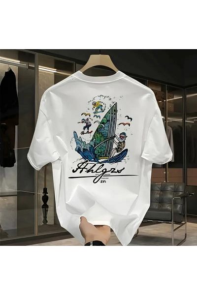 LAND MODA Heavyweight Cotton T-Shirt for Men - Hawaiian Pattern Print, Comfortable Summer Short Sleeve,