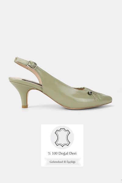 TUNAELLİ Women's Green Patent Leather Genuine Leather 34-35-41 Number Short Heel Buckle Back Open Shoes