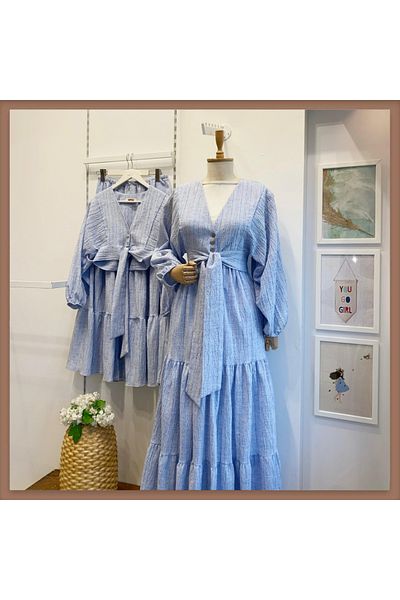 Faya Boutique Blue Balloon Sleeve Skirt Wrinkled Suit