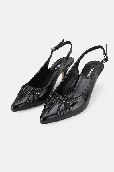 TUNAELLİ Women's Black Patent Leather Genuine Leather 34-35-41 Number Short Heel Buckle Back Open Shoes