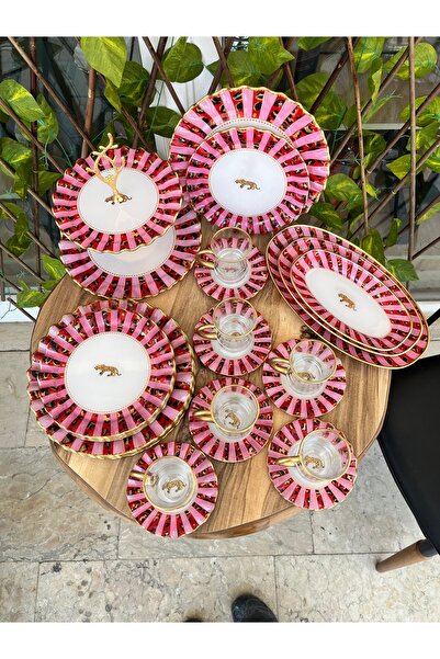 GÜRCÜGLASS Pink Leopard 28 Pcs Breakfast Set with Handles