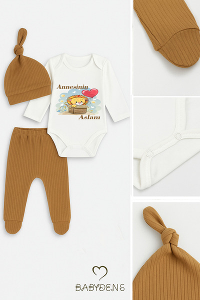 BABYDEN'S Annesinin Aslanı Baskılı 3’lü Bebek Takımı Uzun Kol Çıtçıtlı Zıbın, Ribana Pantolon,Bere %100 Pamuk
