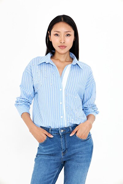 TIFFANY&TOMATO Kolu ve Önü Taşlı Çizgili Poplin Gömlek