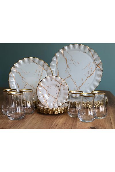B&M White Marble Patterned Curved 24 Piece Breakfast Set
