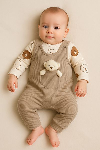 NAFİTTO Teddy Bear Baby Jumpsuit 3-Piece Jumpsuit Set – Bodysuit, Jumpsuit and Socks |   3-6-9 Months Baby Outfit